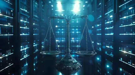 Law scales on background of data center. Digital law concept of duality of Judiciary, Jurisprudence and Justice and data in the modern world.