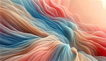 This digital artwork features a fluid, wavelike texture that gradates from cool to warm tones, reminiscent of a soft, undulating textile or landscape.Background concept. AI generated. - obrazy, fototapety, plakaty