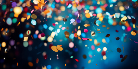 Vibrant confetti explosion in festive celebration with colorful pieces floating in a dreamy blue background filled with soft bokeh lights