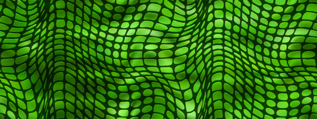 Green embossed reptile skin with an endless pattern. Top view of a leatherette with dinosaur or crocodile texture. Bg with laminated patent faux leather. Dermantine background. PVC material