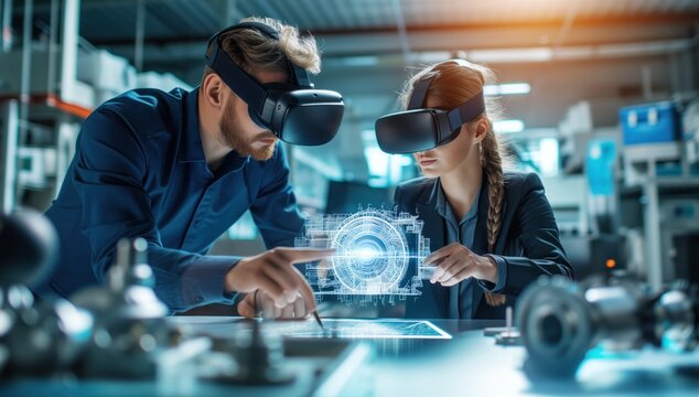 two people wearing virtual reality headsets interact with a digital interface in a high-tech workspace.
