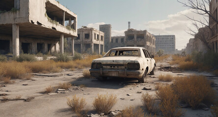 AI generated post-apocalyptic scene with an abandoned urban area 