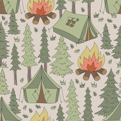 Retro groovy tourist camp in the pine tree forest vector seamless pattern. Tent, campfire, spruce wood backdrop. Happy camper summer vacation outdoor recreation background.