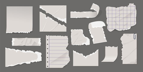White Torn Paper Scraps, Vector Ripped Blank Pieces And Scrapbook Notes With Lines. Perforated Ragged Textured Memo