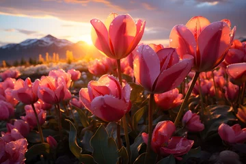 Foto op Canvas Colorful tulip field in sunrise © Impact AI