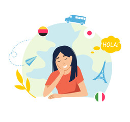 Girl dreams of traveling holiday concept flat illustration cartoon character