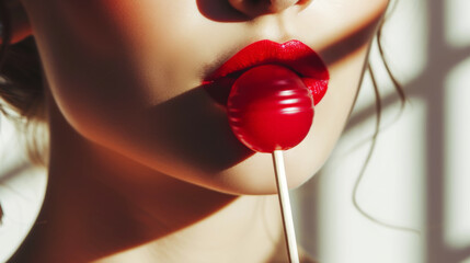 Close-up of beautiful girl's lips holding lollipop. Light background. Strong shadows. Aesthetic concept. Generative AI