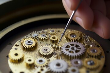 person with tweezers assembling miniature gears in a clock movement - obrazy, fototapety, plakaty