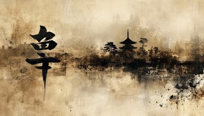 Generative AI, vintage textured grunge Japanese poster with calligraphy elements, beige and black colors

