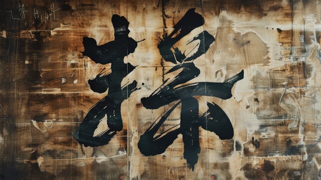 Generative AI, vintage textured grunge Japanese poster with calligraphy elements, beige and black colors

