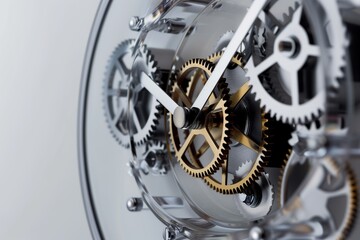 bright metallic gears turning inside a transparent modern wall clock