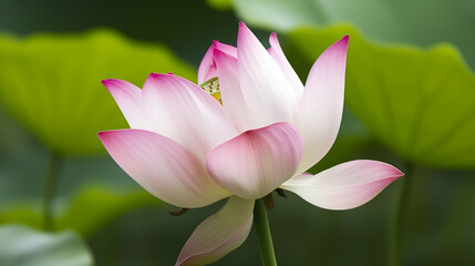 Obraz premium Lotus flower with pink and white petals, standing above the green leaves with a soft green background