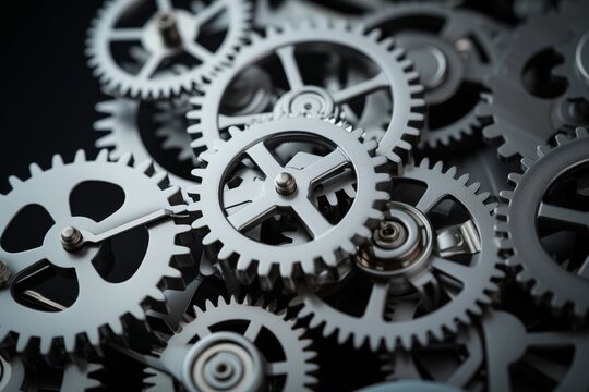 highdetail image of silver clockwork gears against a dark background