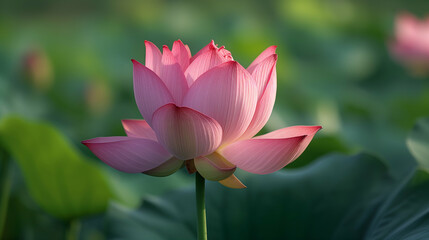 Rich pink lotus flower with a hint of yellow at the petal base, surrounded by a soft-focus green leafy background