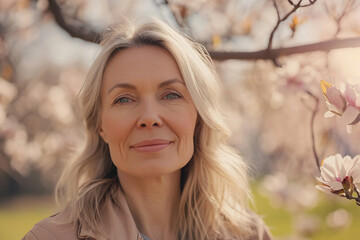 Fototapeta premium Middle aged blonde woman enjoying spring blossoms. Spring portrait
