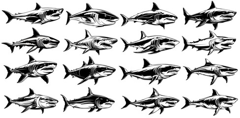 set collections white shark icon. Dangerous sea predator monochrome design vector illustration