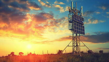 Urban Sunset Solar Panels and Tower Silhouetted Against the Sky - obrazy, fototapety, plakaty