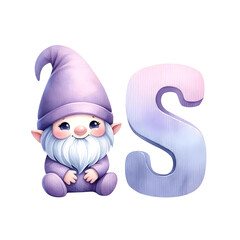 Letter ฺS with watercolor gnome drawing on white background.