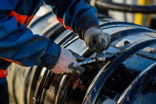 technician sealing an oil barrel with a bung wrench