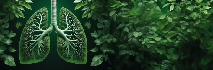 Green tree shaped like human lungs. Earth day concept. Copy space banner with a place for text. Green and ecology concept. Nature world health or environment day concept. breathing natural - obrazy, fototapety, plakaty