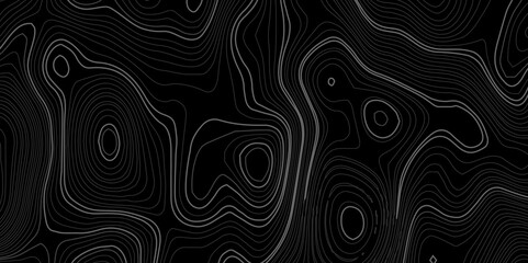 Wave topographic contour map, topographic wavy map white line on black background. Abstract geographic wave grid line map. Geographic mountain relief background.