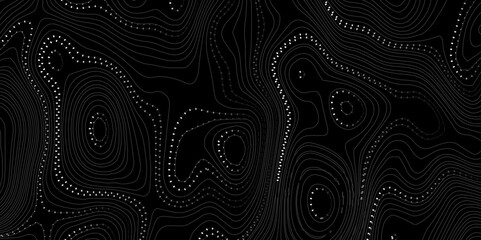 Wave topographic contour map, topographic wavy map white doted line on black background. Abstract geographic wave grid line map. Geographic mountain relief background.