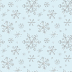 Simple seamless pattern of blue snowflakes on a light background. New Year's festive theme. Vector design for winter decor, print, wallpaper, packaging, web design, textiles, covers, invitations