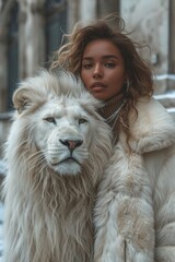 Beautiful fashionable young woman with a beautiful big lion