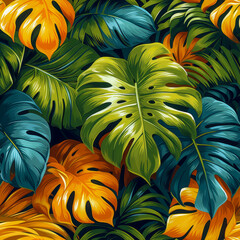 Fototapeta premium Leaves tropical rainforest, as frameless background, ai generated
