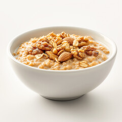 A delicious bowl of oatmeal porridge with nuts placed on a white background.