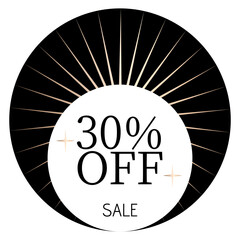 30% off sale written on a white circle with two stars and, in the background, sunshine and a black circle.