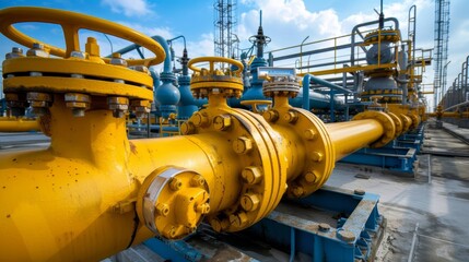 Industrial yellow gas pipelines and valves on distribution station under a blue sky with copy space.