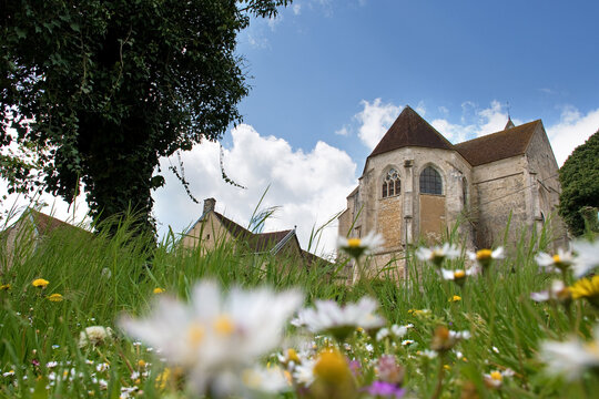 Kirche Saint-Aventin in M&eacute;lisey, Bourgogne, R&uuml;ckensicht mit Wiese