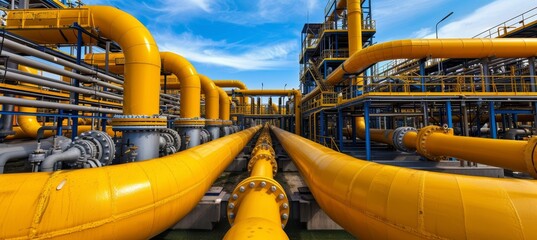 Gas pipelines and valves on distribution station with blue sky, industrial image with text space