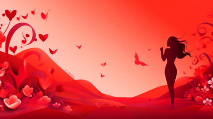 Against a whimsical red backdrop, a female silhouette emerges, embodying the spirit of Valentine's Day with an air of romance and enchantment that captivates the heart's imagination.
