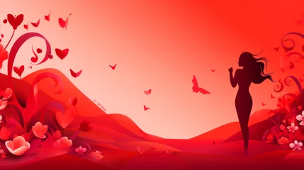 Foto op Aluminium Against a whimsical red backdrop, a female silhouette emerges, embodying the spirit of Valentine's Day with an air of romance and enchantment that captivates the heart's imagination. © stateronz