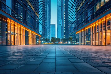 modern office buildings in hangzhou west lake square at night on view from empty street. Creative Banner. Copyspace image