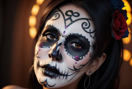 Close-up portrait of a young woman with a skeleton pattern on her face at night on a blurred background, bokeh. Halloween celebration. El Día de Muertos. 