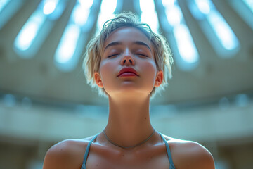 Portrait of a beautiful young woman with closed eyes, with short hair and relaxing in the gym