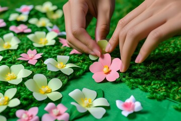 fingers placing paper flowers on a green paper lawn