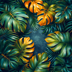 Leaves tropical rainforest, as frameless background, ai generated