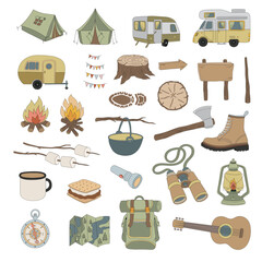 Retro groovy camping hiking outdoor recreation equipment vector illustration set isolated on white. Tent, camper van, campfire, wood sign, camp pot, axe, trekking boots, backpack, compass, map - 734984754