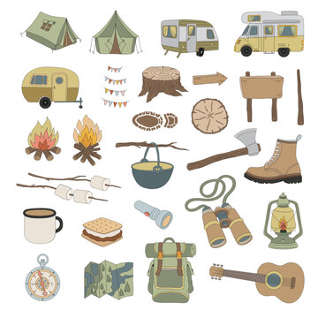 Retro groovy camping hiking outdoor recreation equipment vector illustration set isolated on white. Tent, camper van, campfire, wood sign, camp pot, axe, trekking boots, backpack, compass, map