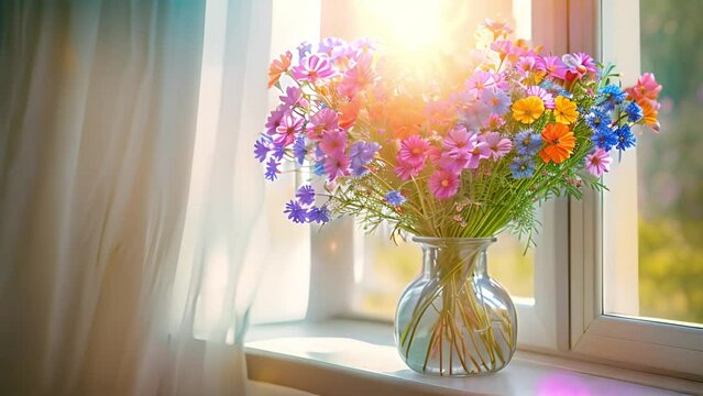 wild flowers in vase on white windowsill with curtains and sunlight shining trough window. Spring in cozy home 4k video colorful