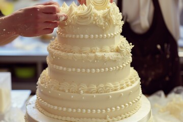 baker applying edible pearls to a multitiered wedding cake