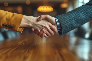Close up of business people shaking hands in office. Business partnership meeting concept. Successful businessmen handshaking after good deal.