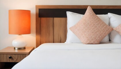 A neatly made bed with white linens and patterned pillows, flanked by a wooden headboard and a nightstand with an orange lamp. 