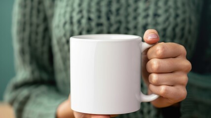a female hand holding white mug