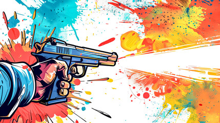 Hand with Pistol Firing with Colorful Paint Splatter Background - obrazy, fototapety, plakaty