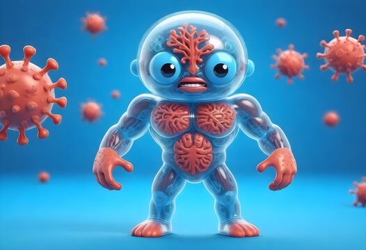 A transparent muscular male figure with internal organs visible, surrounded by representations of viruses, on a blue microscopic background
